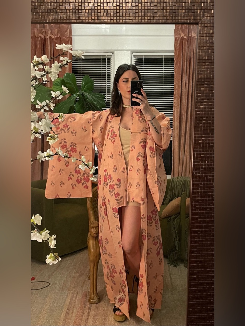 Vintage yukata japanese kimono see thru pink flowers semi transparent cover up